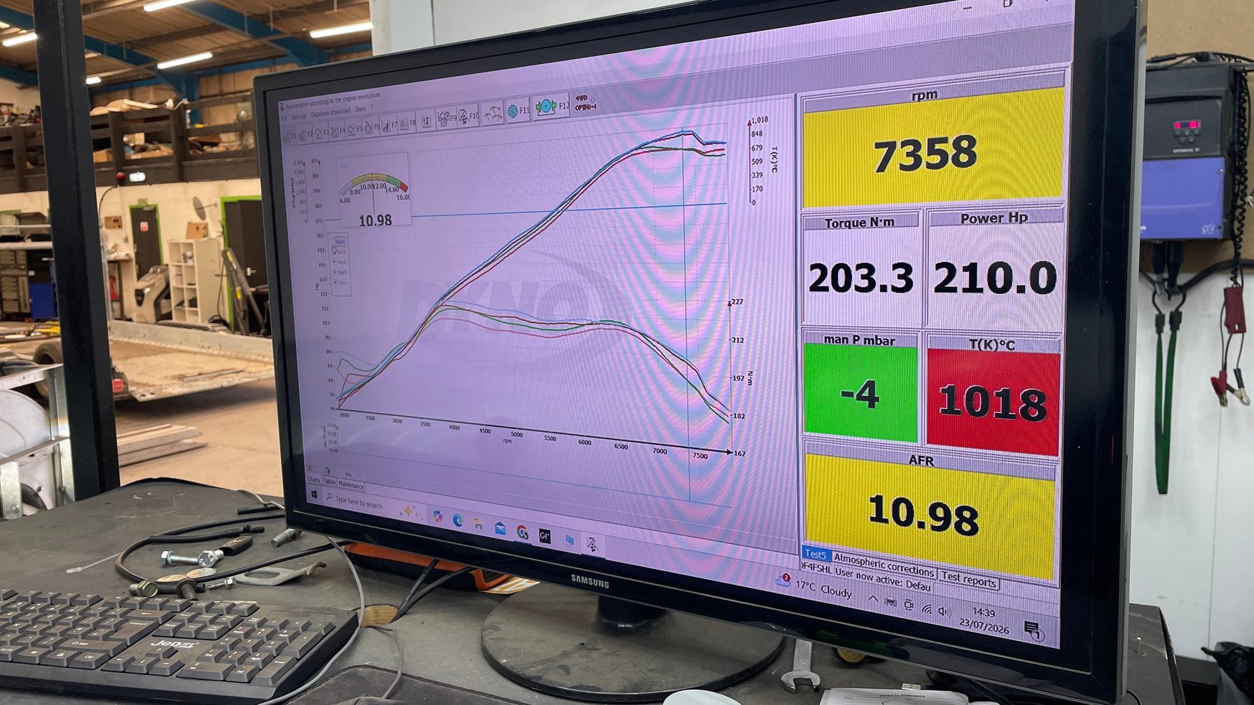 Dyno software showing power and torque curves from a run