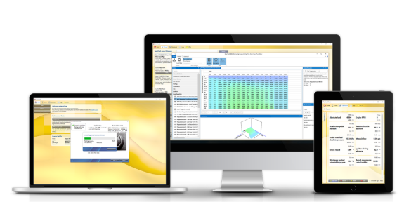 VersaTuner software shown on a desktop, laptop and tablet